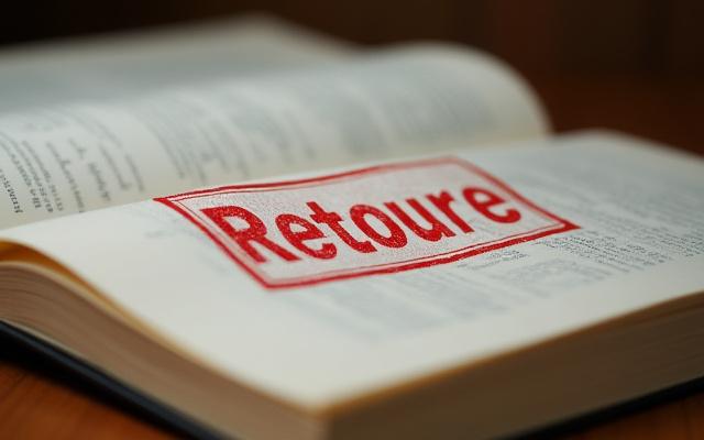 Symbolbild für Widerrufsrecht. Eine aufgeklappte Buchseite mit einem Stempel 'Retoure'.