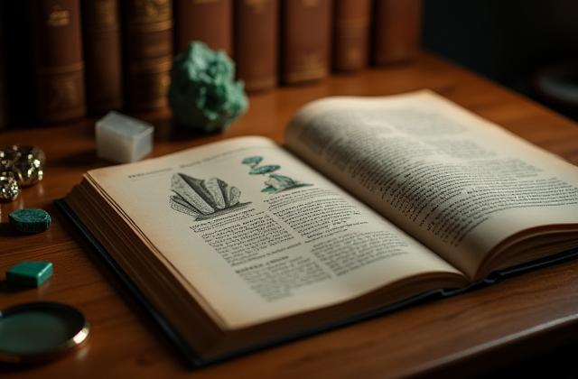 Bücher und Mineralien im harmonischen Arrangement auf einem Schreibtisch